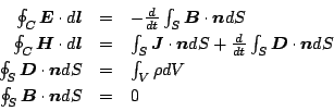 \begin{displaymath}
\begin{array}{rcl}
\oint_C \mbox{\boldmath$E$} \cdot d\mbo...
...dmath$B$} \cdot \mbox{\boldmath$n$} dS & = & 0 \\
\end{array}\end{displaymath}